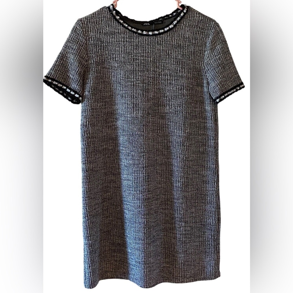 Zara Black and White Tweed Dress With Pearl Details